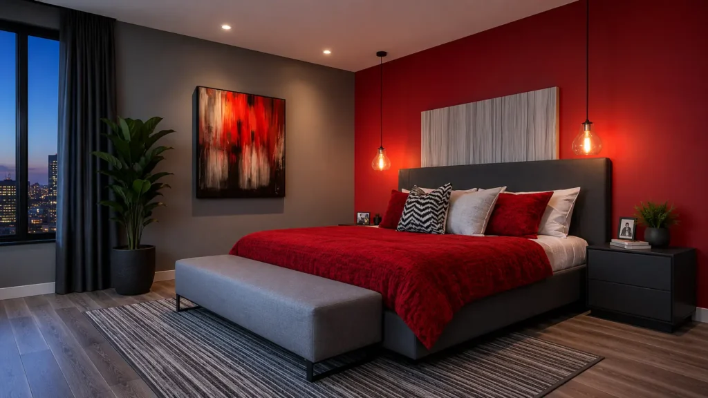 Crimson Red Accent Wall Feng Shui Bedroom with Grey Bench