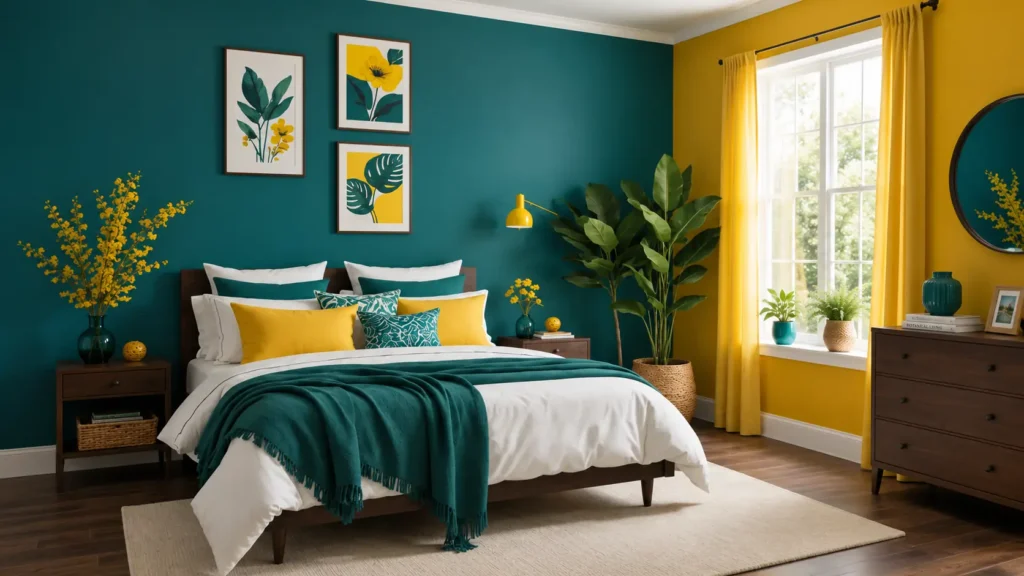 Deep Teal and Mustard Yellow Modern Feng Shui Bedroom