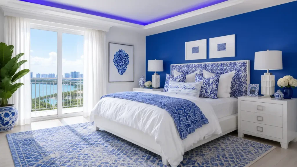 Mediterranean Cobalt Blue Feng Shui Bedroom with Balcony View