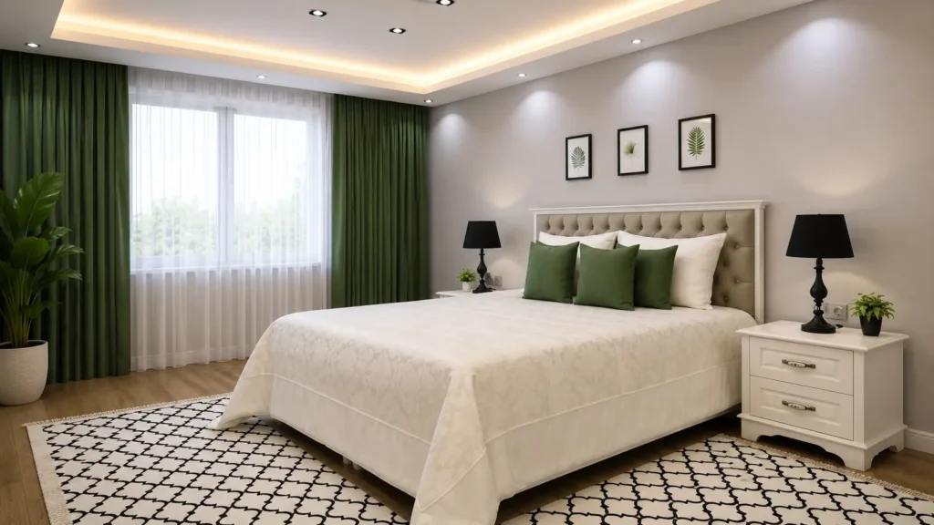 Soft Grey Feng Shui Bedroom with Olive Green Curtains