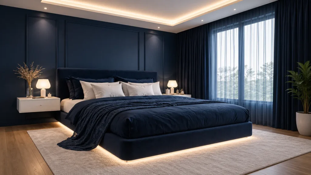 Midnight Navy Luxury Feng Shui Bedroom with Under-Bed Lighting