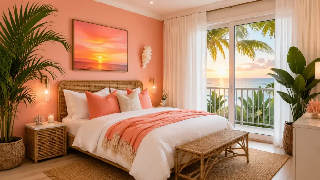 Peach Coral Feng Shui Bedroom with Tropical Balcony View
