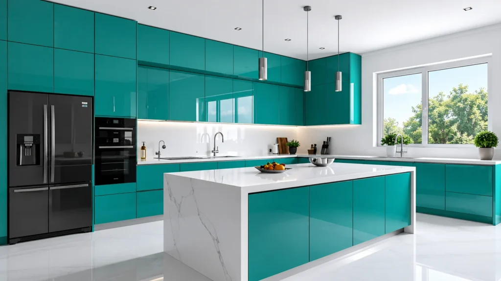 High-gloss turquoise modern kitchen design with white marble island and stainless steel appliances