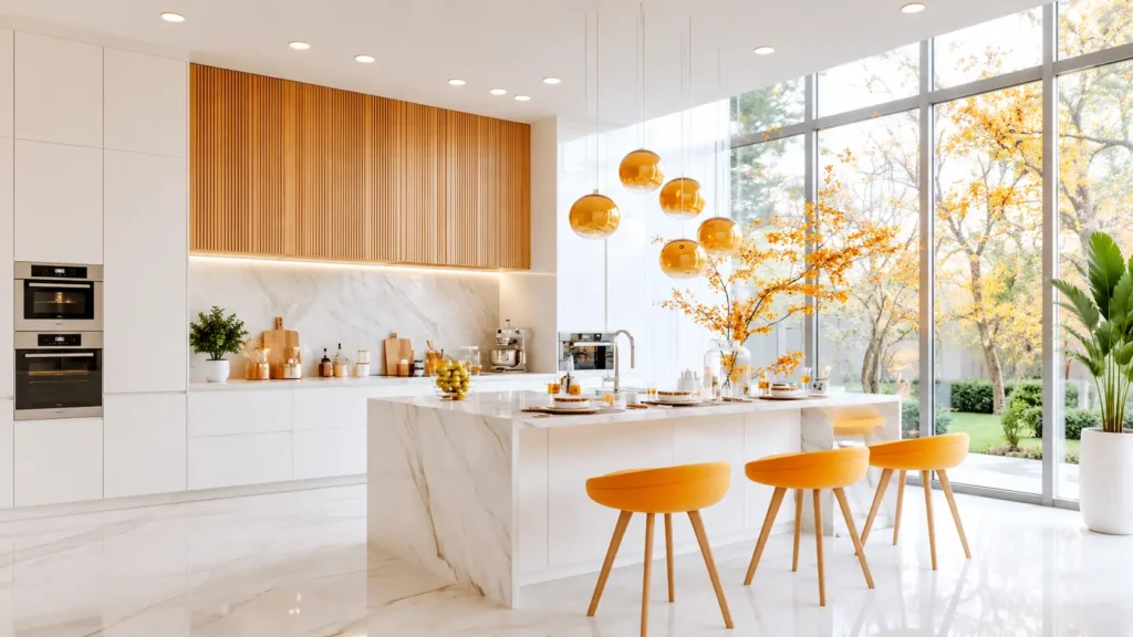 Scandinavian-style white modern kitchen design featuring fluted oak panels and amber glass pendants