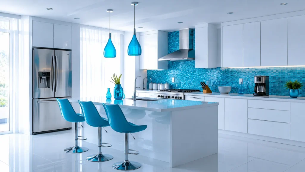 All-white modern kitchen design with vibrant blue glass mosaic tile backsplash and matching barstools