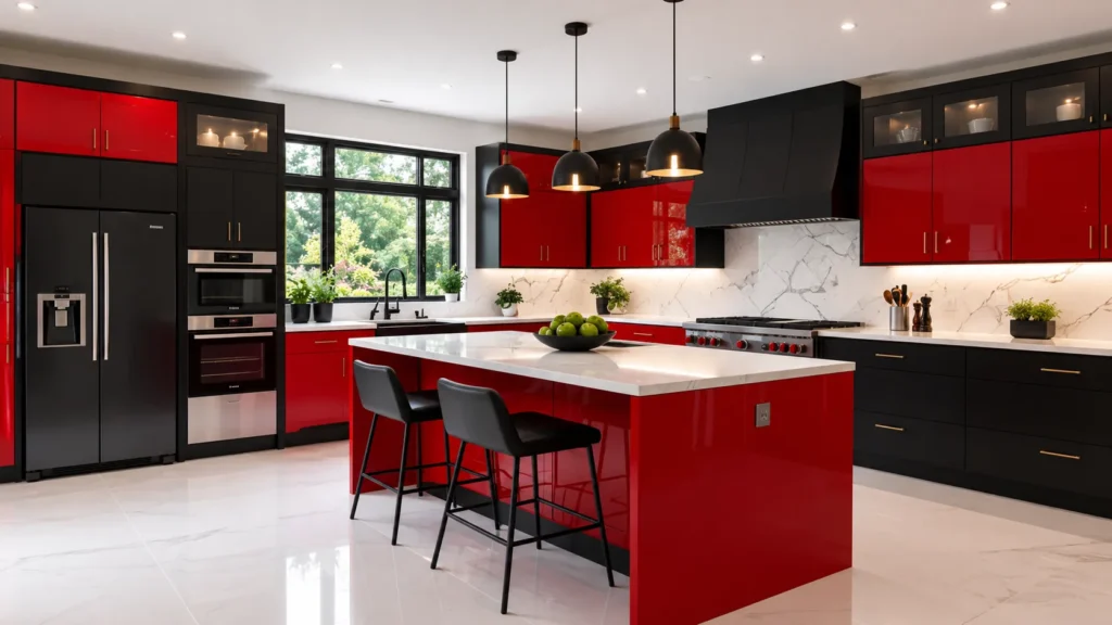 High-gloss crimson red and matte black modern kitchen design with white marble waterfall island