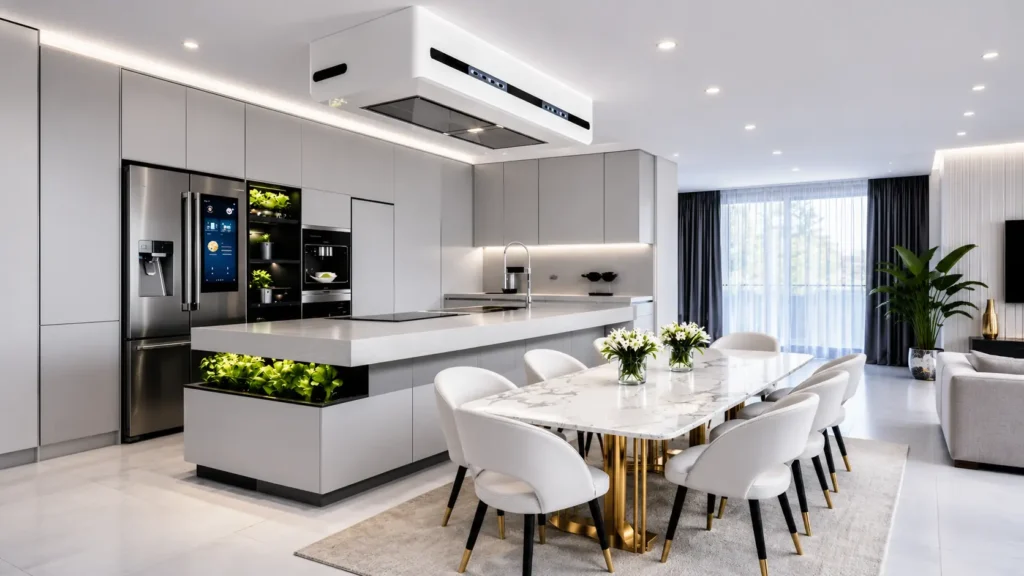 Minimalist grey smart modern kitchen design featuring integrated biophilic planter and smart refrigerator display