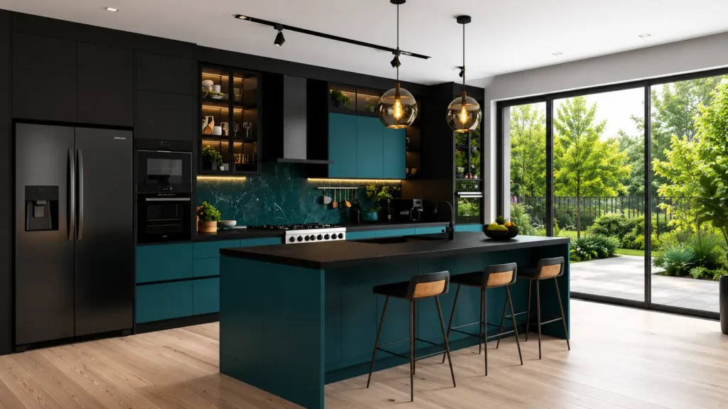 Deep teal emerald green modern kitchen design with matte black appliances and hardwood flooring