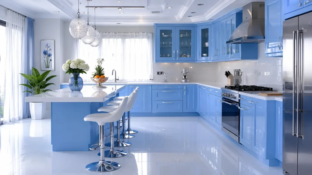 Cornflower blue modern kitchen design with white island and glass pendant lights