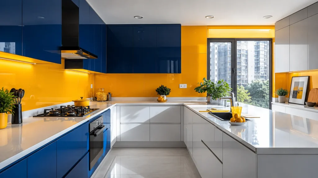 High-gloss yellow and navy blue modern kitchen design with u-shaped layout