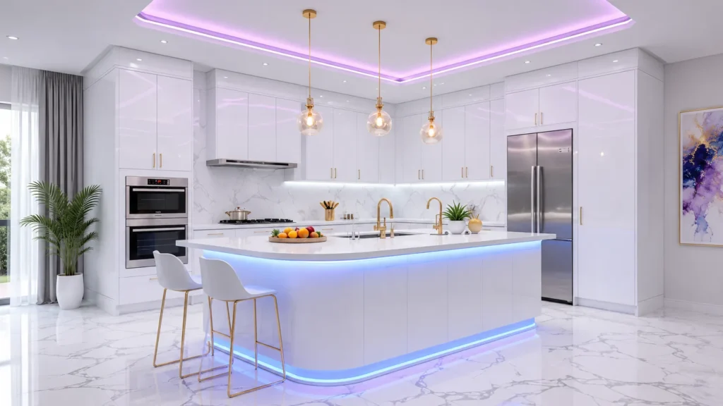 Modern kitchen design with white cabinets, purple and blue LED lights, and gold fixtures