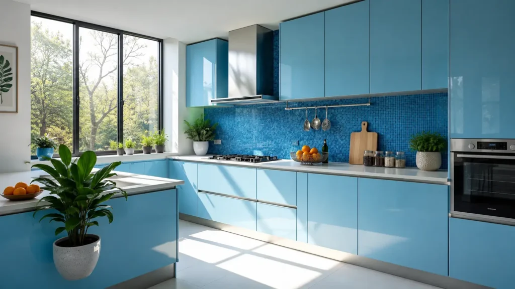 Cyan blue high-gloss modern kitchen design with mosaic tile backsplash and plants