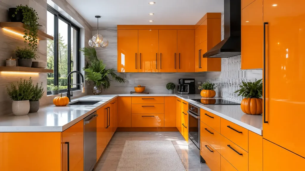 High-gloss orange modern kitchen design with matte black handles and floating shelves