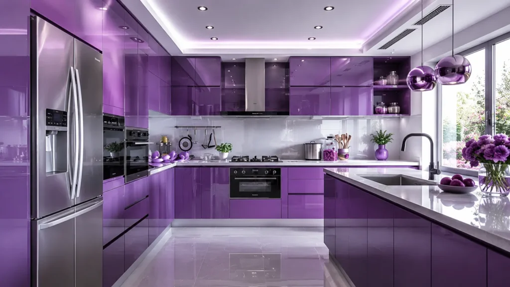 High-gloss purple modern kitchen design with matching pendant lights and smart refrigerator