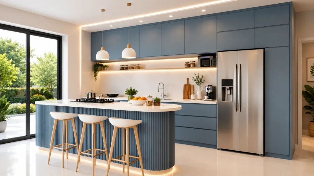 Slate blue modern kitchen design featuring fluted island base and warm oak barstools