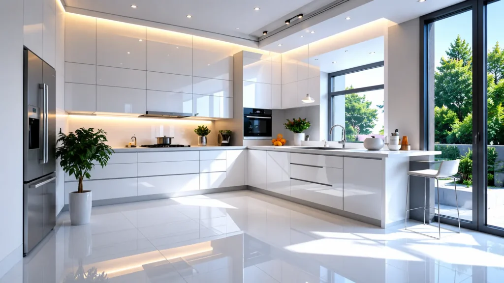 High-gloss white modern kitchen design with warm LED cove lighting and full-height glass windows