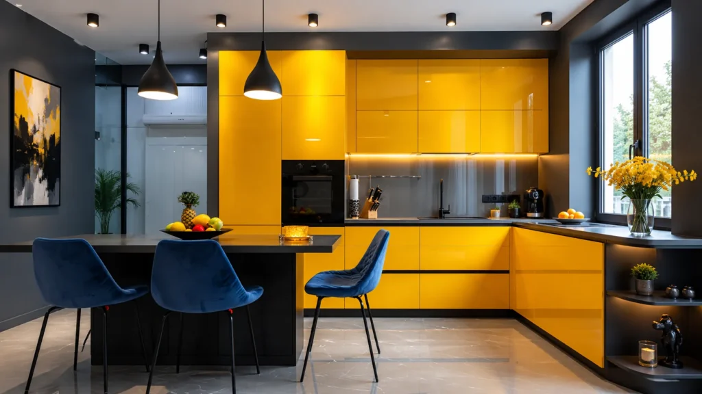 Vibrant yellow and dark grey modern kitchen design with black pendant lights and blue chairs