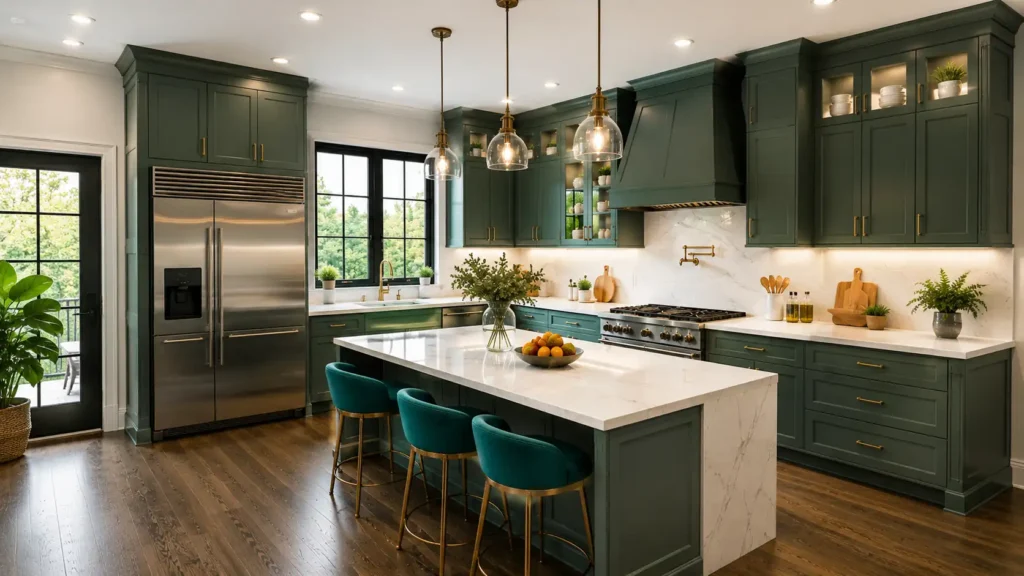 Olive green modern kitchen design with marble waterfall island, brass fixtures, and dark hardwood floor