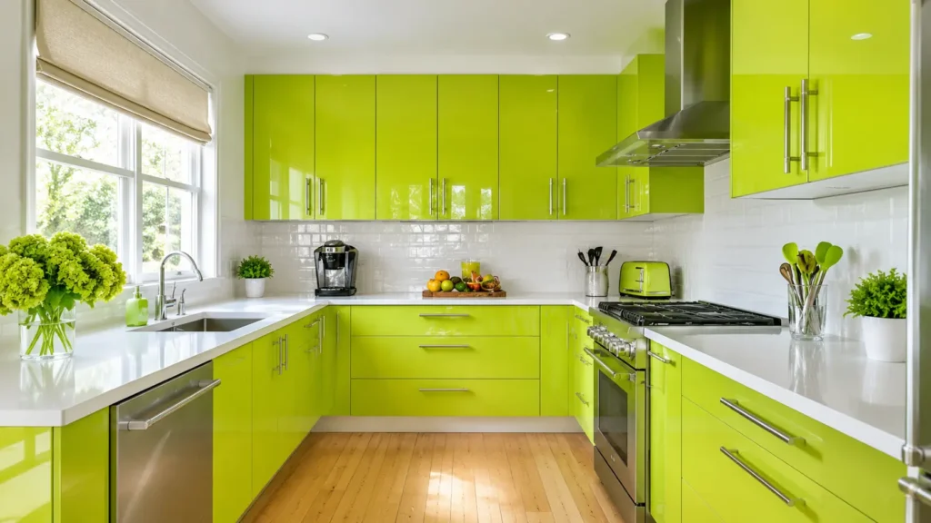 High-gloss lime green modern kitchen design with subway tile backsplash and light wood floor