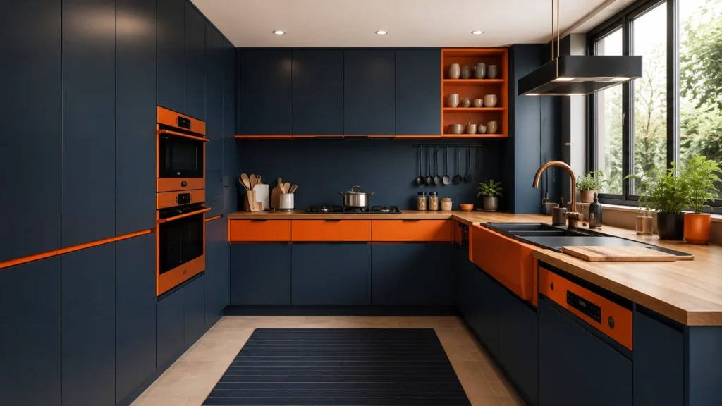 Matte midnight blue modern kitchen design with burnt orange trim and wooden countertops