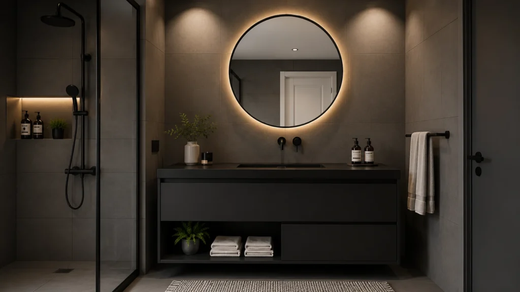 Minimalist black vanity bathroom featuring a floating cabinet, large round illuminated mirror, and integrated glass shower.