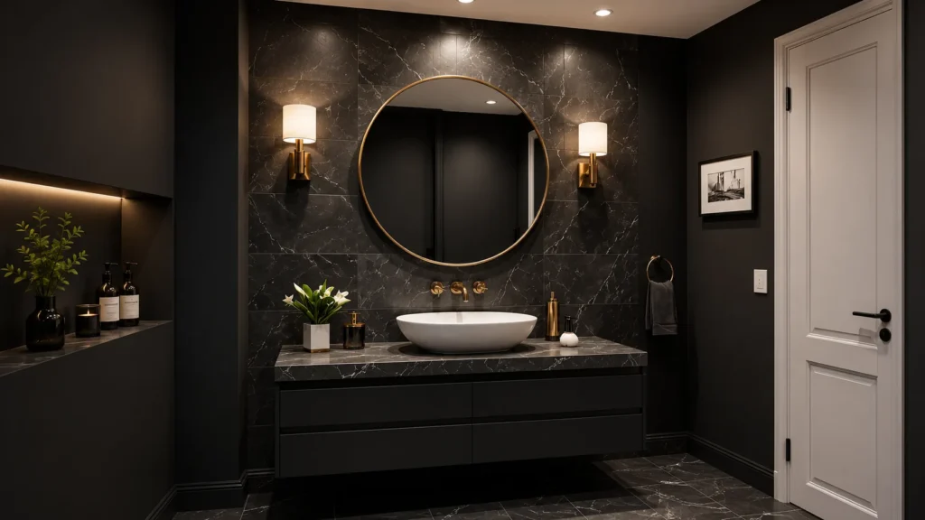 Luxury black vanity bathroom featuring a black marble tile wall, gold-framed round mirror, and warm brass sconces.