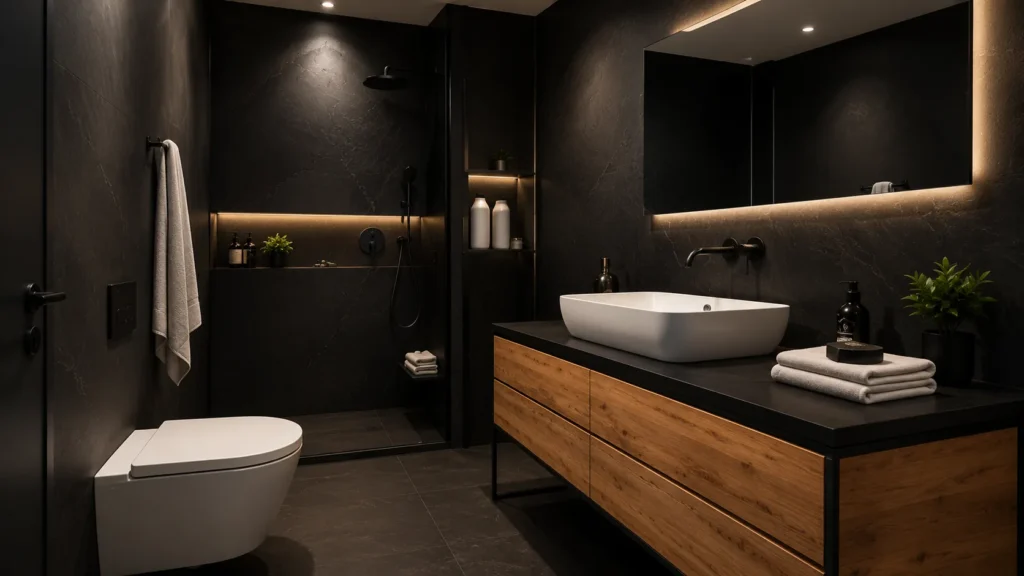 Contemporary black vanity bathroom with rich wooden drawer fronts, a wide rectangular mirror, and hidden LED strip lighting.