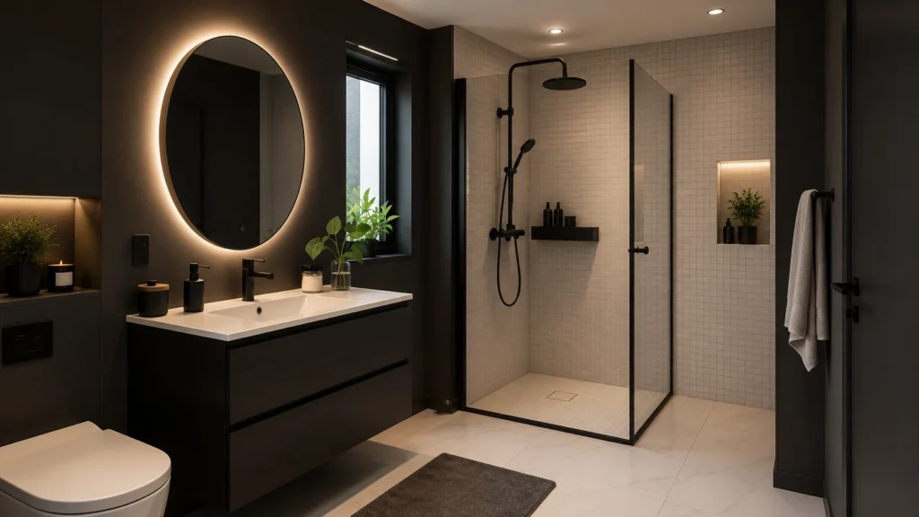 High-end black vanity bathroom with floating vanity, under-cabinet glow light, circular LED mirror, and frameless shower glass.