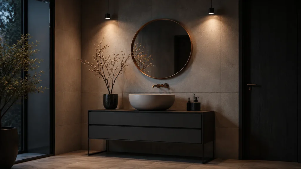 Moody black vanity bathroom with a sleek minimalist table vanity, round mirror, and micro-pendant spotlighting.