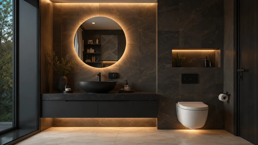 Modern dark luxury bathroom with floor lighting under floating vanity, large round LED mirror, and wall-hung toilet.