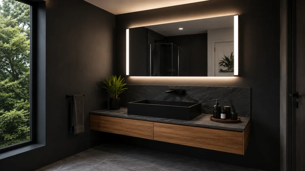 Modern black vanity bathroom with a wide rectangular illuminated mirror, wooden vanity storage, and a floor-to-ceiling window.