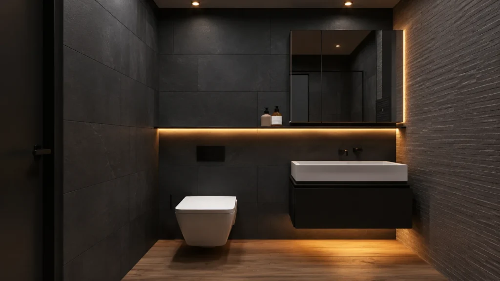 Ultra-modern matte black vanity bathroom with hidden medicine cabinet LED mirror, textured slate wall tiles, and warm wood flooring.