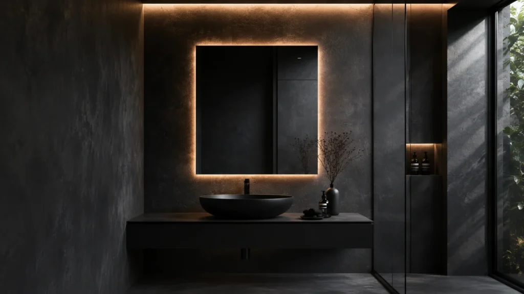 Moody minimalist black vanity bathroom featuring a square LED-lit mirror, integrated matte black trough sink, and floor-to-ceiling dark plaster.