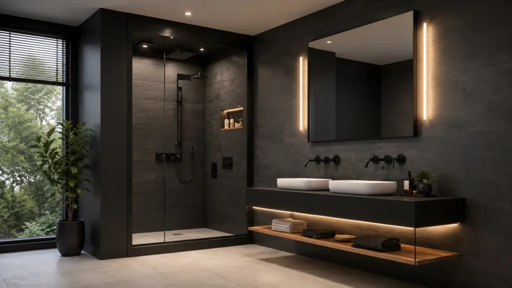 Luxurious master black vanity bathroom with double white vessel sinks, floating dual-tier vanity, and vertical LED light bars.