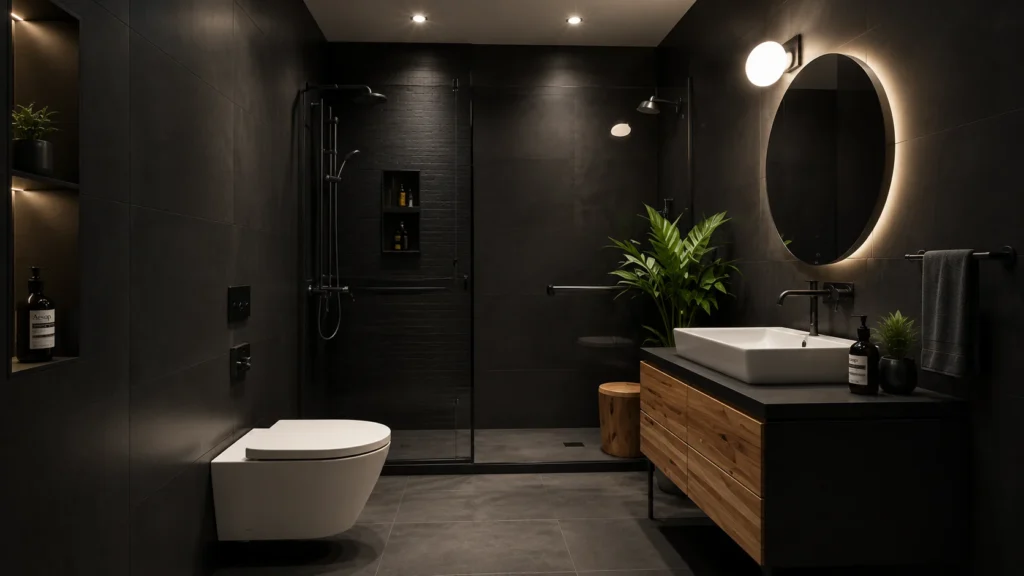 Organic modern black vanity bathroom with rich wood drawers, round LED backlit mirror, white vessel sink, and lush indoor plant.