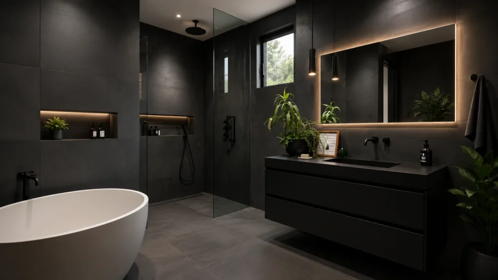 Spacious luxury black vanity bathroom featuring a wide LED mirror, floating black double-drawer vanity, and sculptural white freestanding bathtub.