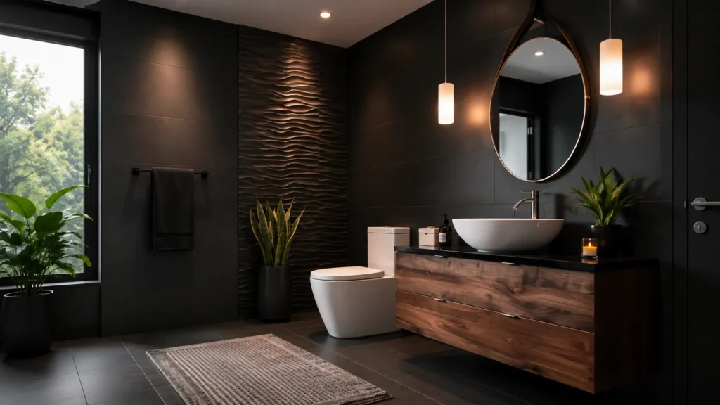 Contemporary black vanity bathroom with 3D wave feature wall, hanging pendant lights, oval mirror, and natural wood vanity.