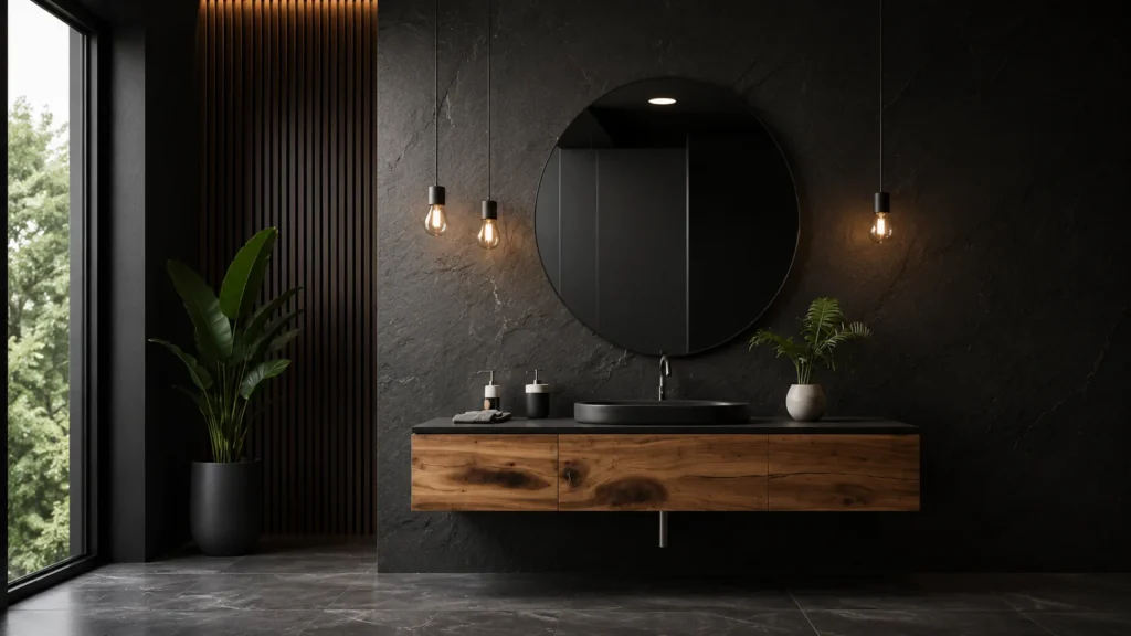 Industrial modern black vanity bathroom with a raw live-edge wood floating vanity, dark stone wall texture, and exposed filament pendant lights.