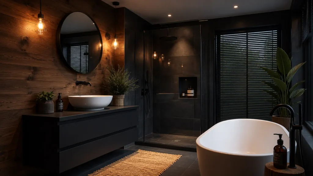 Rustic luxury black vanity bathroom with horizontal wood plank wall cladding, black floating vanity, round mirror, and deep oval soaking tub.