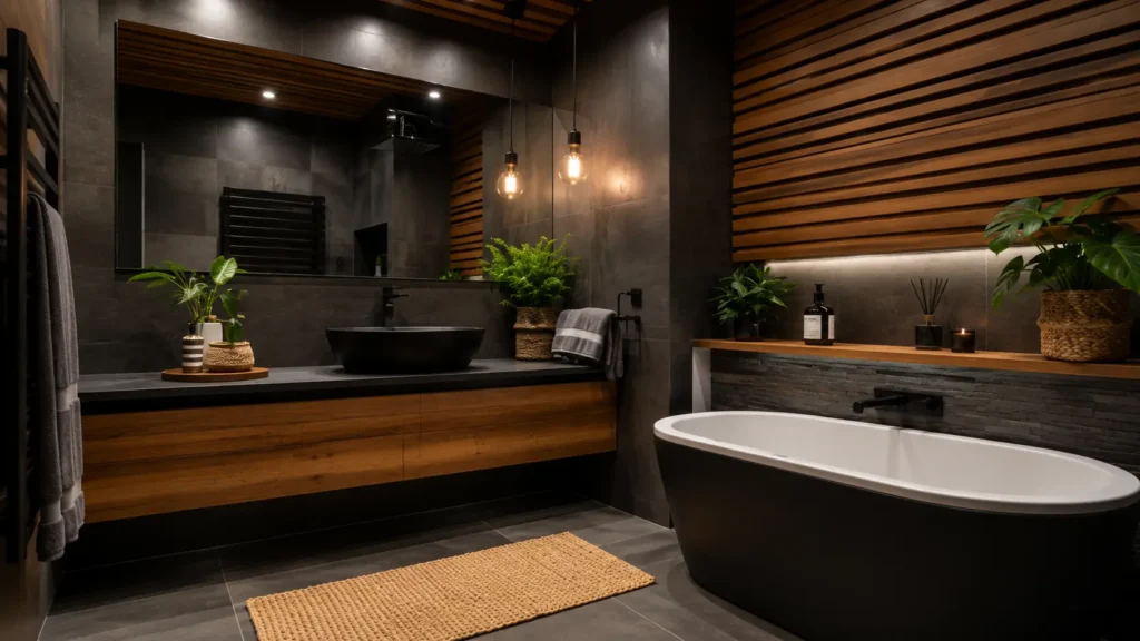 Japanese Zen inspired black vanity bathroom featuring horizontal timber slats, black two-tone freestanding tub, and floating wood vanity.