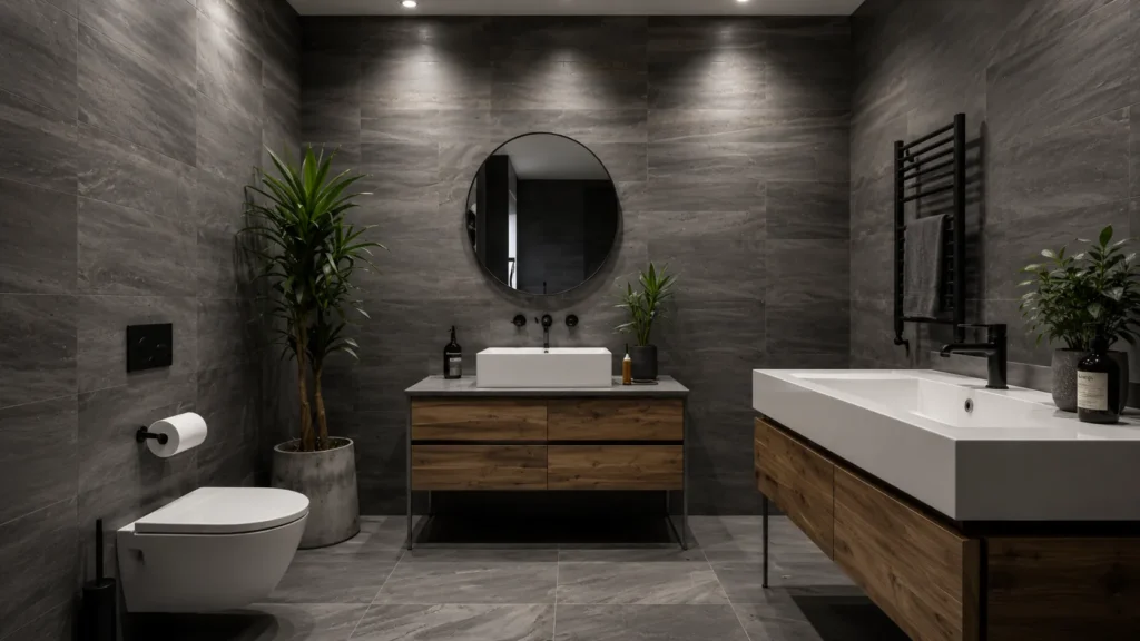 Contemporary slate grey bathroom with floating oak drawers, round black mirror, white vessel sink, and recessed spotlighting.