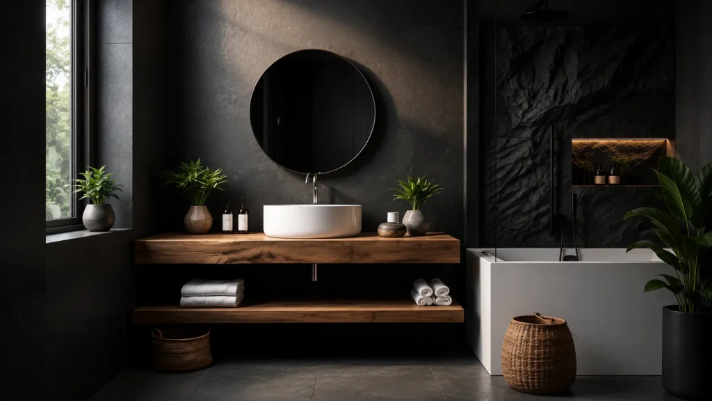 Organic luxury black vanity bathroom with rugged rock texture shower wall, double-tier floating wood vanity shelf, and round mirror.