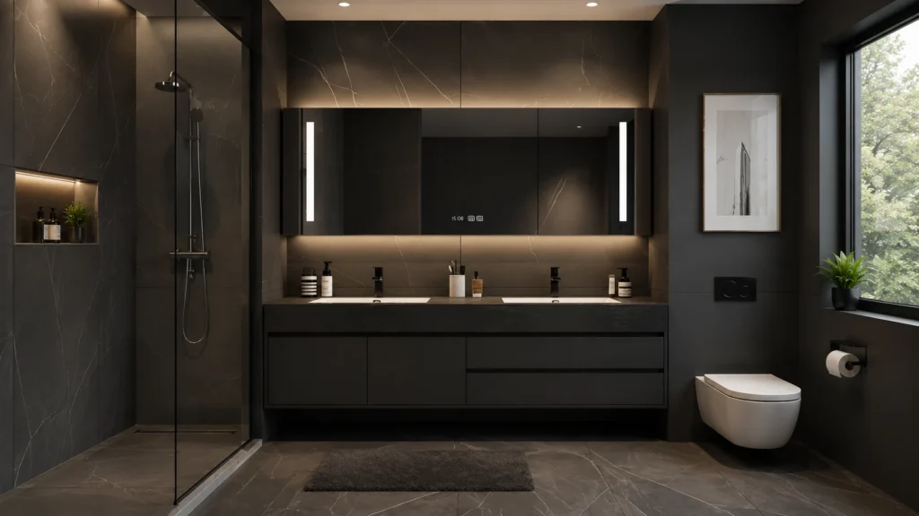 High-tech smart black vanity bathroom with digital LED display mirror, dark marble tile walls, and double floating vanity drawers.