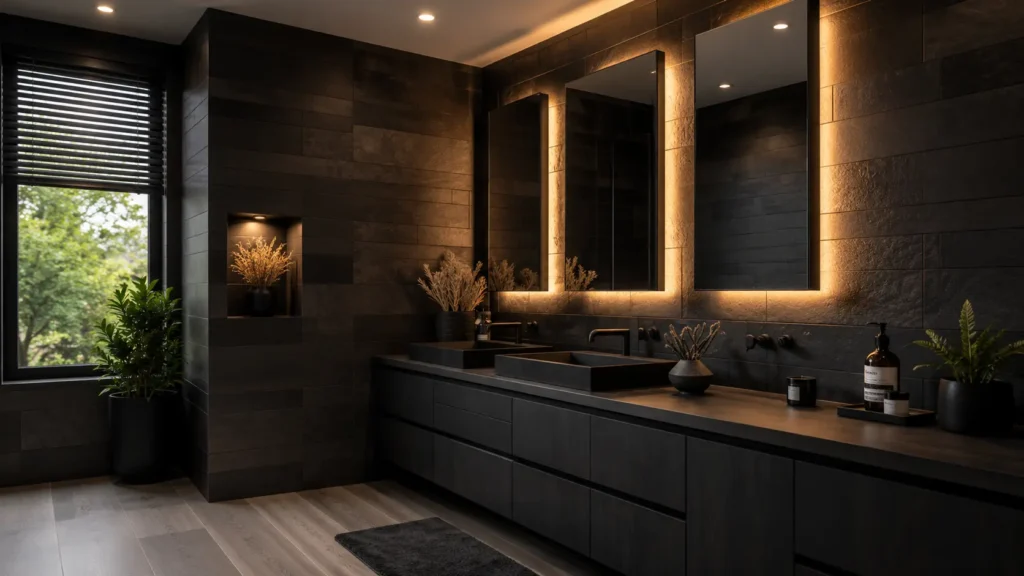 Executive black vanity bathroom featuring triple backlit rectangular mirrors, dual integrated dark sinks, and warm cove lighting.