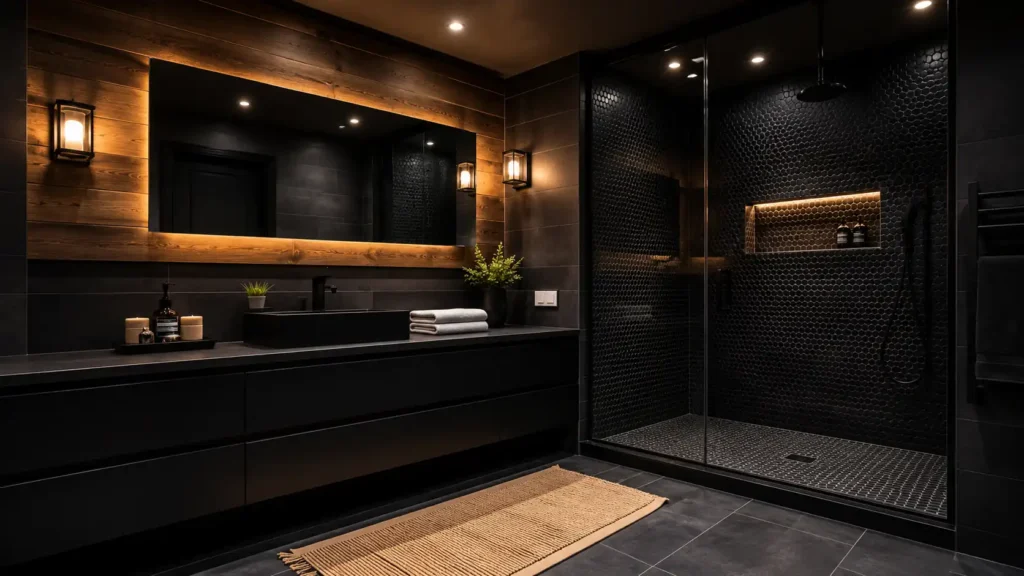 Moody black vanity bathroom with dark wood plank vanity wall, black penny tile shower, and large backlit mirror with sconces.