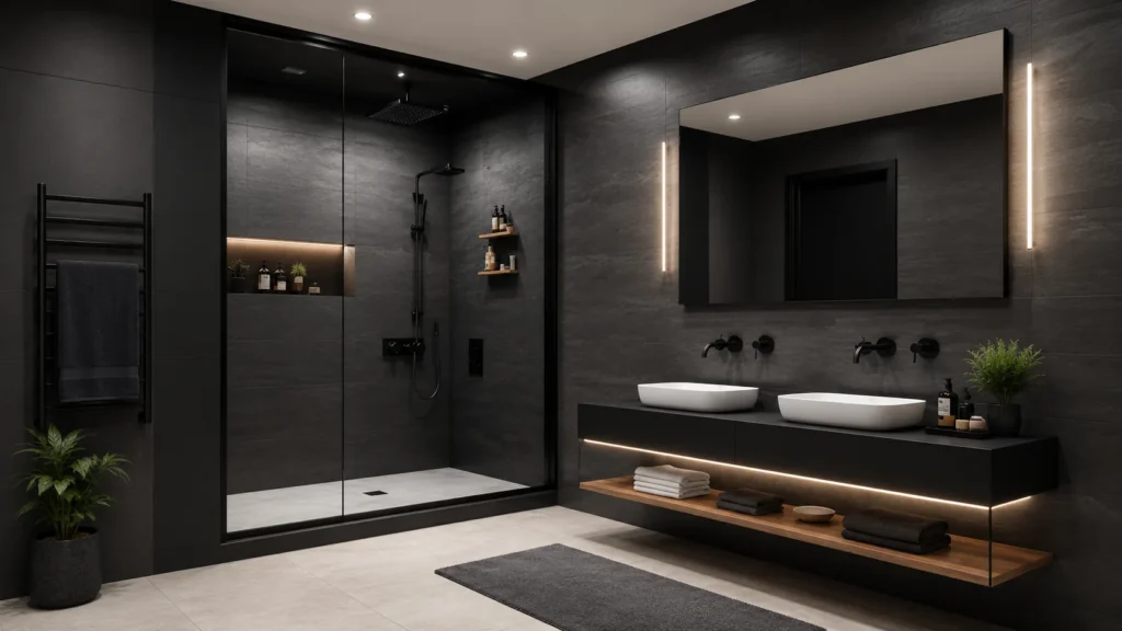 Spacious matte black master bathroom with floating double sink vanity, open lower towel shelf, and glass shower enclosure.
