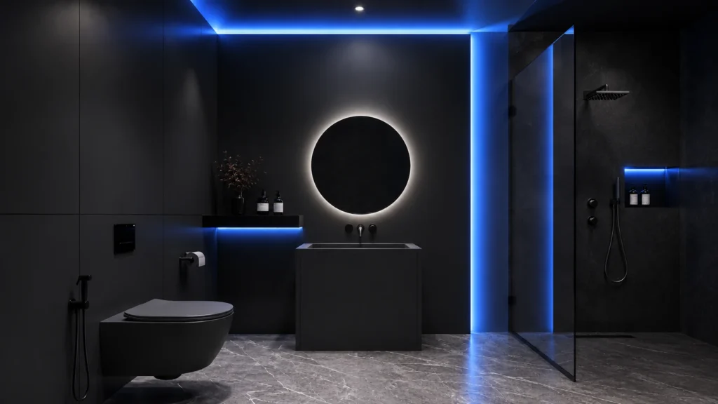 Cyberpunk modern black vanity bathroom with vibrant blue LED cove lighting, round halo mirror, and pedestal black sink block.