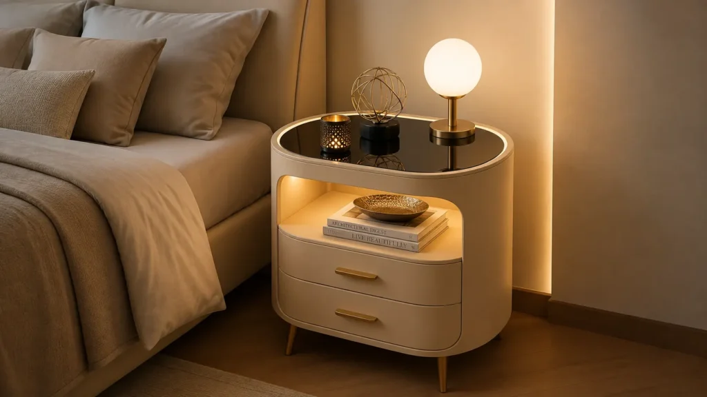 Warm Cream Oval Smart Bedside Table with Curved Silhouette and Soft Ambient Lighting