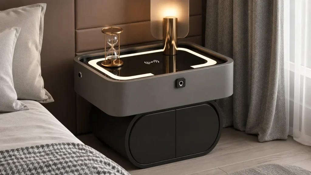 Industrial Slate Grey Floating Style Smart Bedside Table with Wireless Charging and Fingerprint Lock