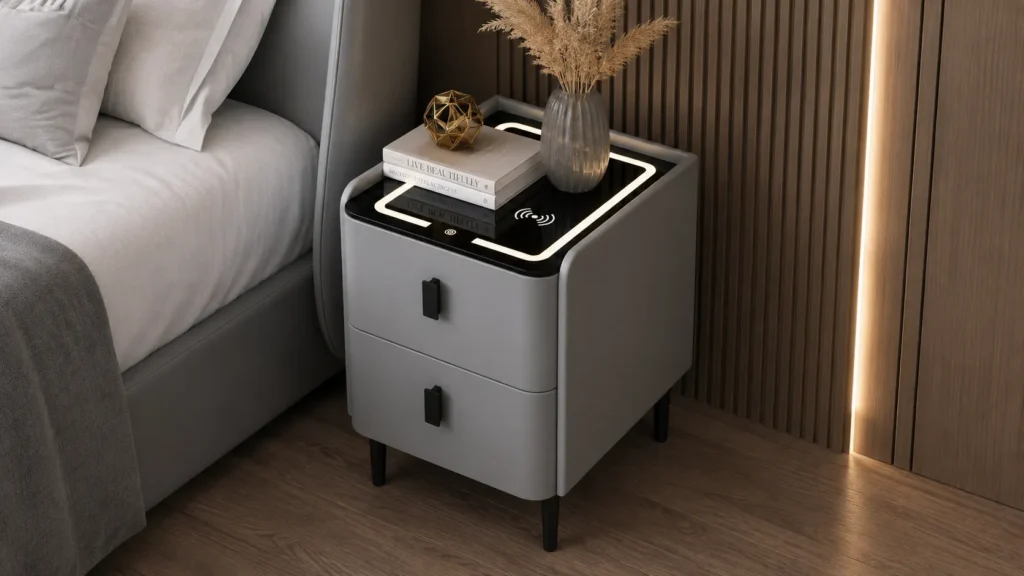 Minimalist Modern Grey Dual Drawer Smart Bedside Table with Raised Edge and LED Border